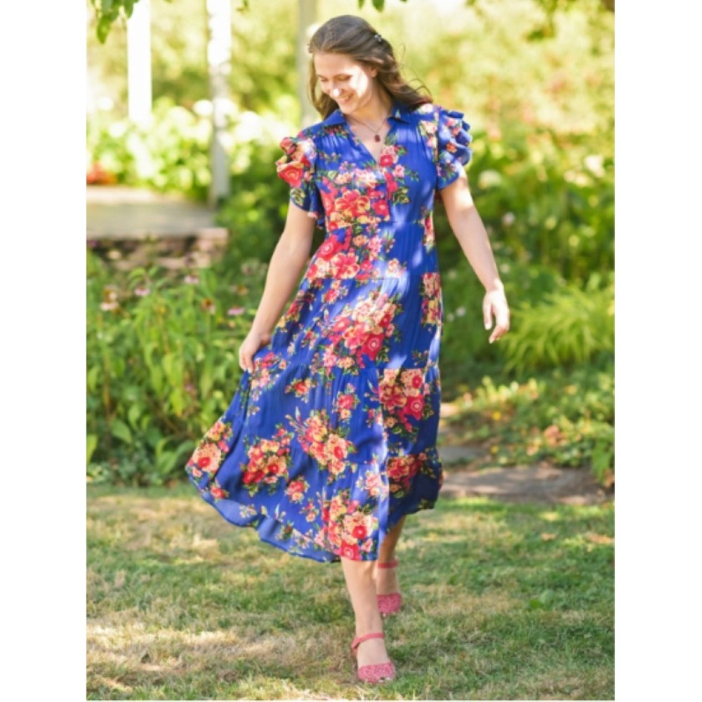 April Cornell Floral Midi Dress Womens Large‎ Blue Tiered Flutter Sleeve Boho